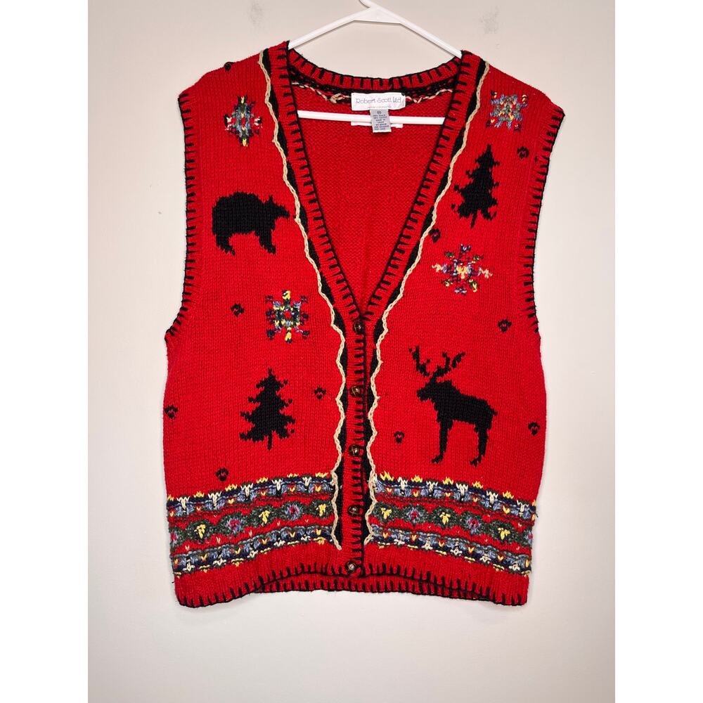 1990s Robert Scott Bear Moose Cabin Homestead Camping Christmas Sweater Vest M